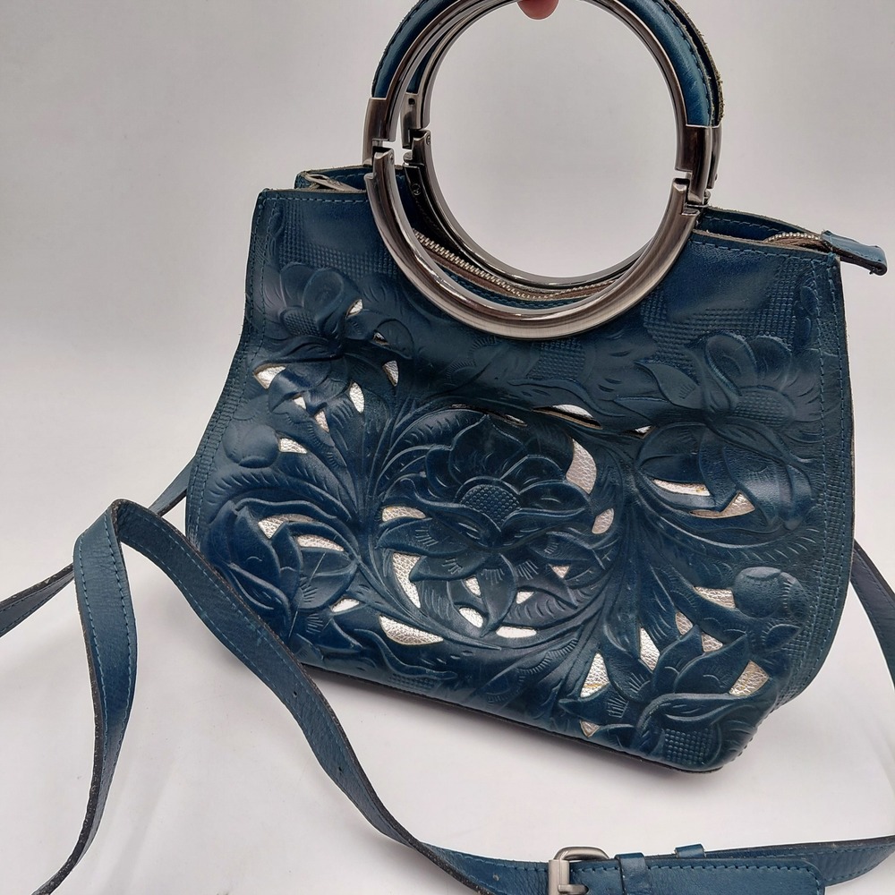 Patricia Nash Teal Blue Floral Tooled Leather Ring Handle Crossbody Bag Purse